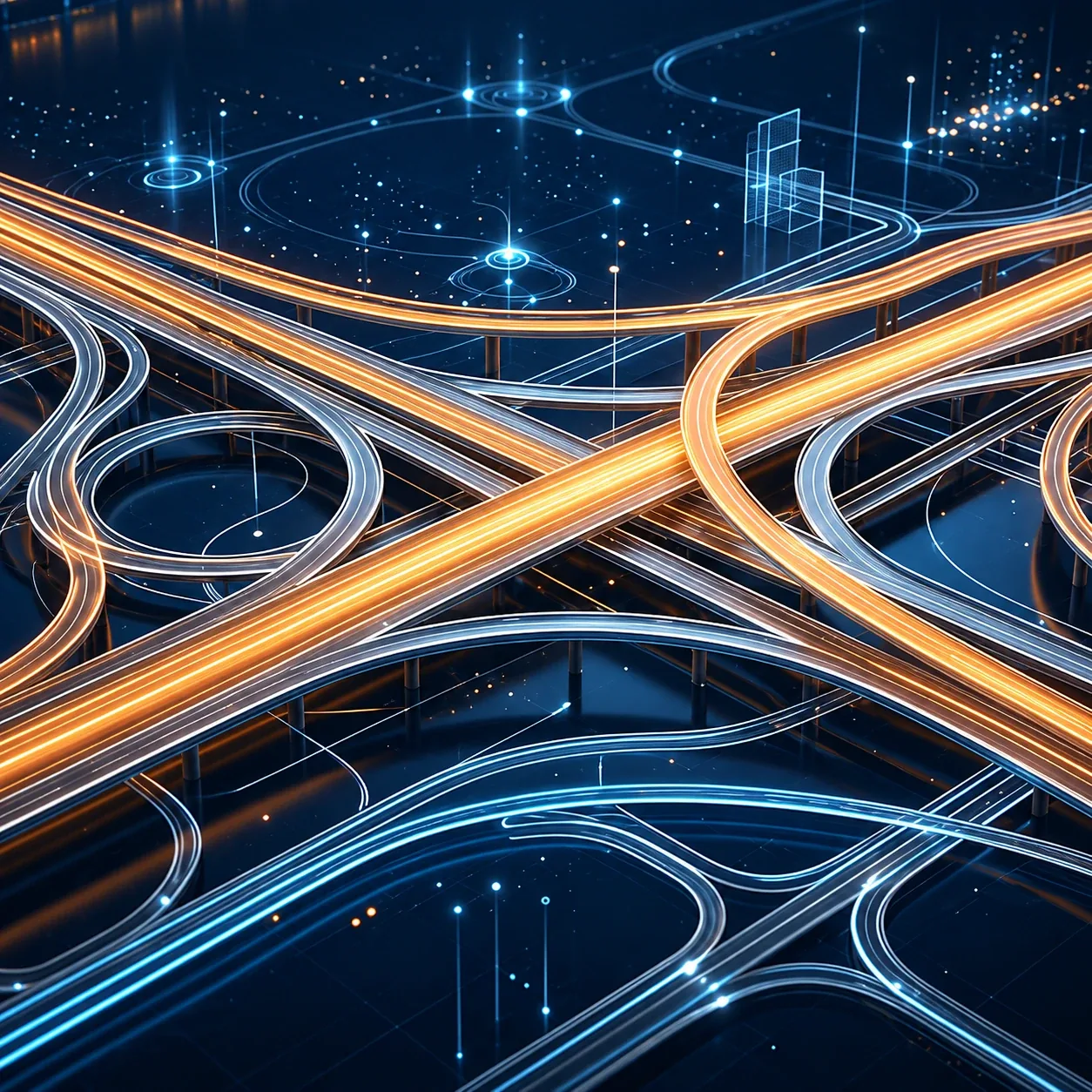 Svincoli autostradali attraversati da scie di luce arancioni e blu: infrastrutture e viabilità di Union Italia